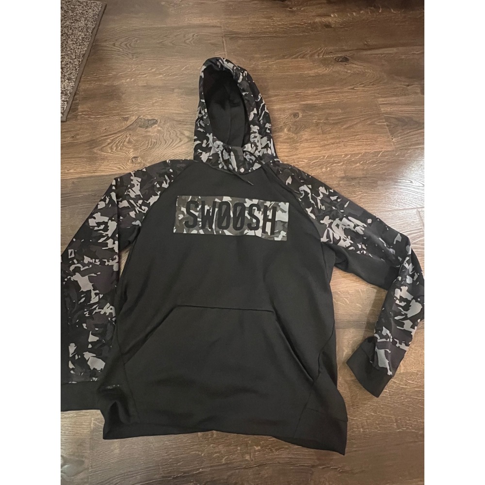 Nike‎ Therma-FIT Hoodie Mens Large Black Camo Swoosh Pullover Sweatshirt